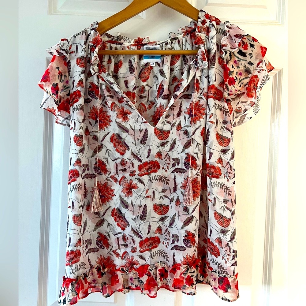 Misa Los Angeles Red and Gray Ruffled Tie Front flutter Sleeve Blouse. XS/S